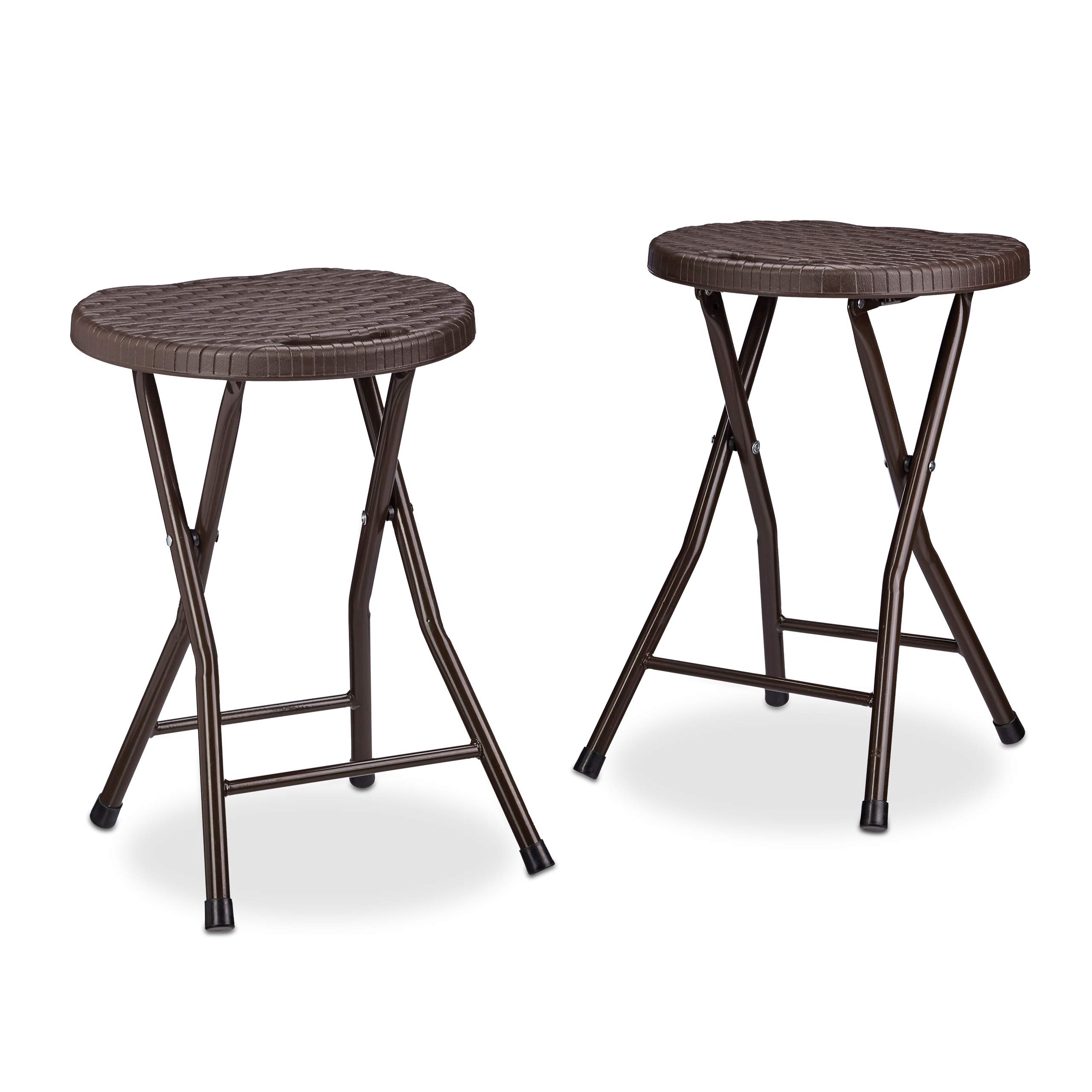 Relaxdays BASTIAN Round Folding Stool, Foldable, Plastic, Rattan Look, Waterproof, HxWxD: 45 x 32.5 x 29 cm, Brown