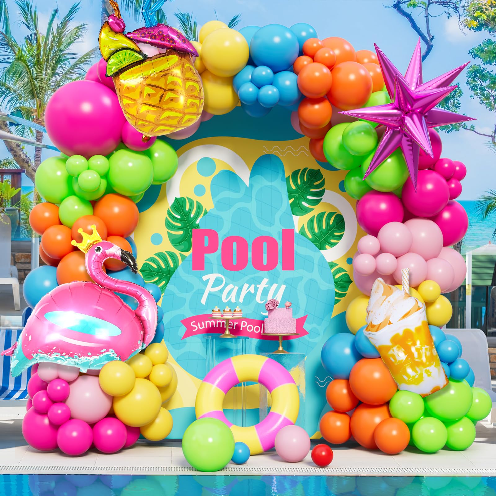 Photo 1 of Hawaiian Balloon Arch Kit - Tropical Party Decor with 151 Latex Balloons & 4 Foil Balloons (Starburst, Flamingo, Pineapple, Mango), Chains, Ribbons, Dots for Summer Birthdays, Weddings, Luau Theme