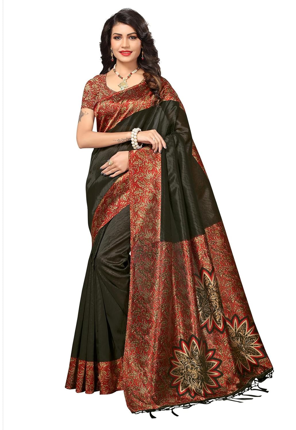 ishin poly synthetic printed women's saree sari with tassels