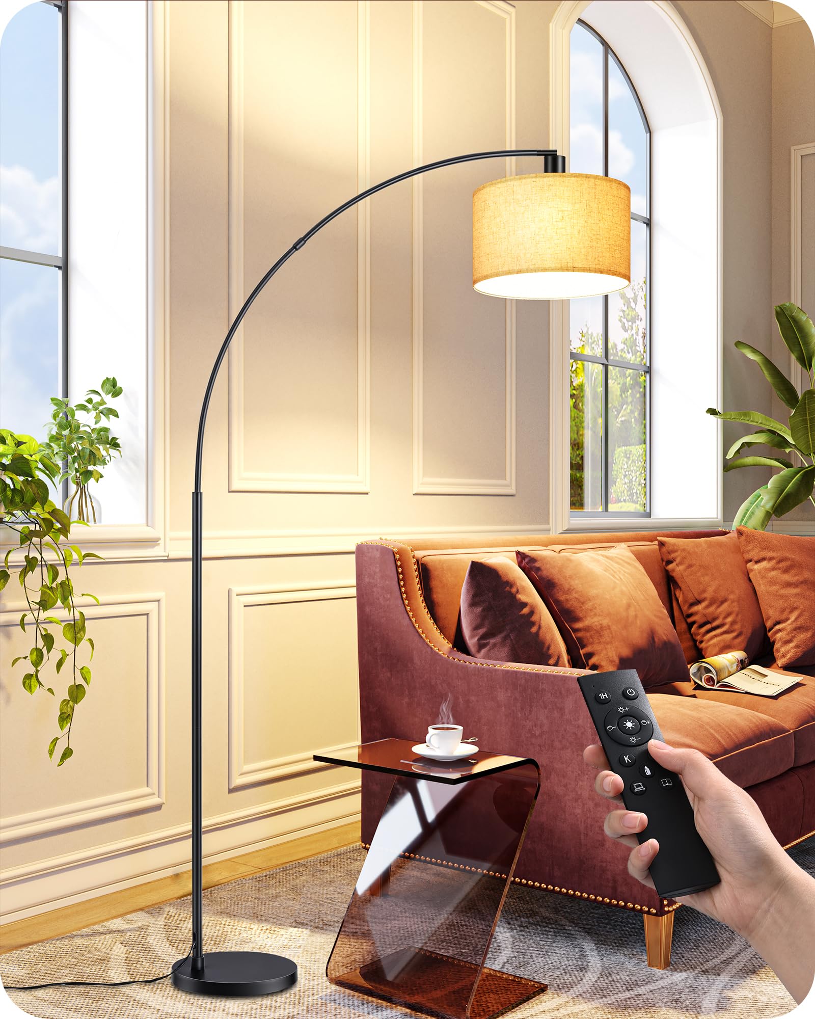 EDISHINE 78.3? Dimmable Modern Arc Floor Lamp with Remote, Black Floor ...