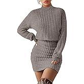 Velvelhall Women's Pullover Sweater Dress Long Lantern Sleeve Ribbed Knit Mock Neck Ruched Bodycon Casual Mini Dress 2025