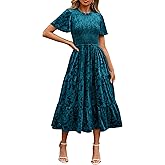 Simplee Velvet Dress for Women Semi Formal Short Sleeve Floral Smocked Empire Waist Fall Winter Wedding Guest Dresses
