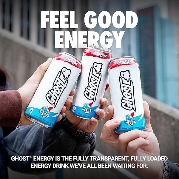 GHOST ENERGY DRINK – 12-PACK, ‘MERICA POP, 16OZ CANS – ENERGY & FOCUS & NO ARTIFICIAL COLORS – 200MG OF NATURAL CAFFEINE, L-CARNITINE & TAURINE – GLUTEN-FREE & VEGAN