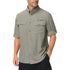 Roadbox Mens Long Sleeve Fishing Shirts, UPF 50+ Sun Protection Button Up | Lightweight Quick Dry Safari Shirt for Hiking Cam