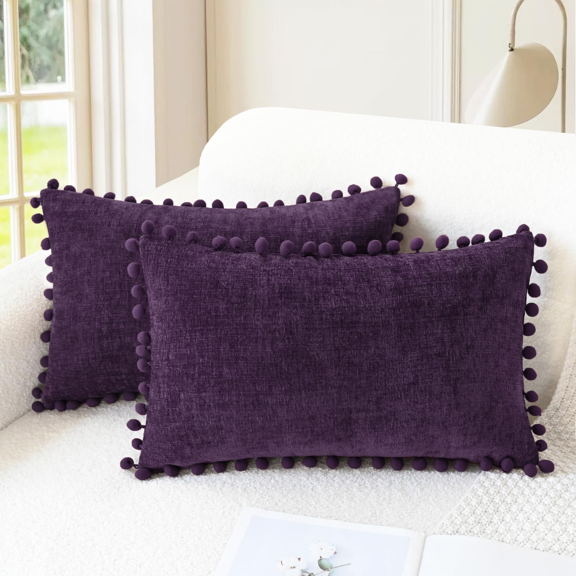 CaliTime Pillow Cases Pack of 2 Cozy Solid Dyed Soft Chenille Cushion Covers with Pom Poms for Couch Sofa Home Decoration 30cm x 50cm Purple