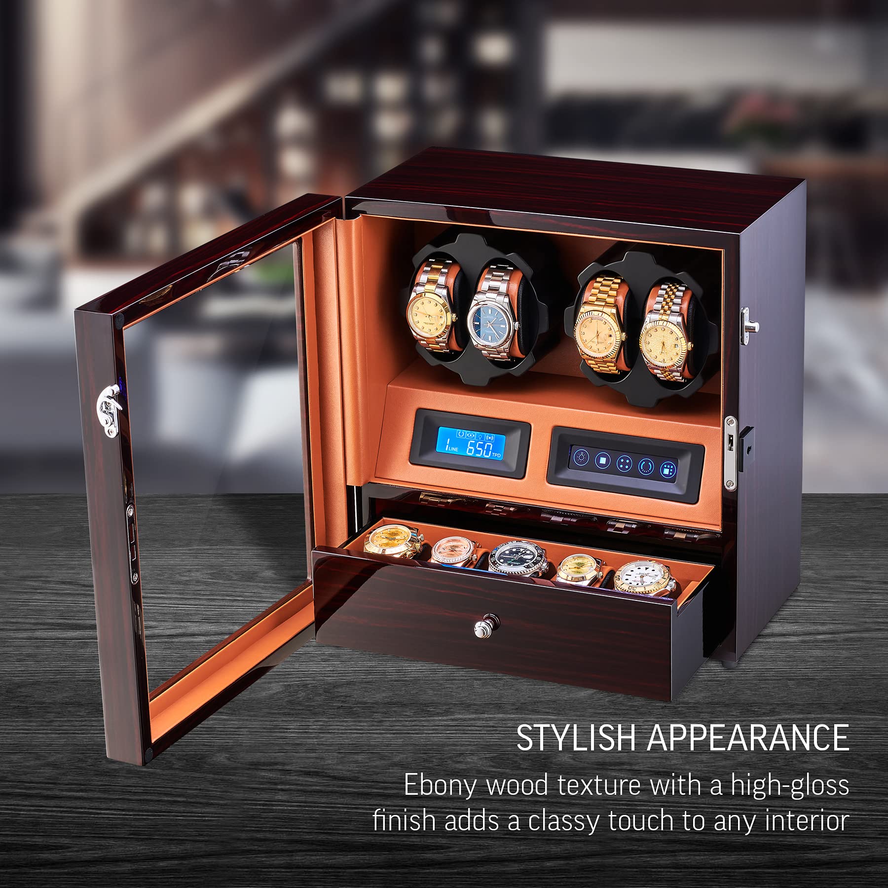 Leader WATCH WINDERS 4 Watch Winder with 5 Watch Storage Space, LCD Display, Touch Control and Interior Light
