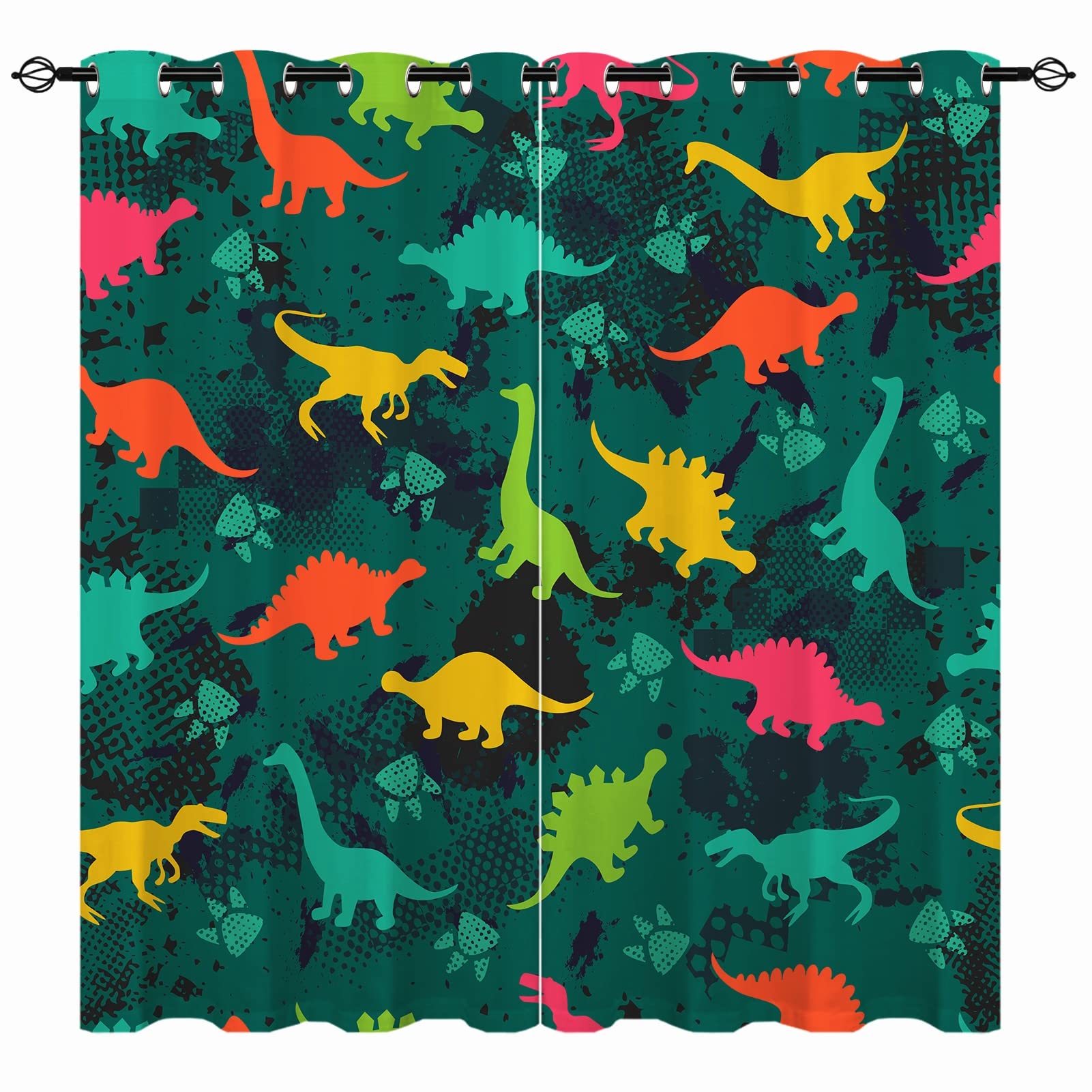 YUANZU Dinosaur Curtains - Kids Boys Colorful Fun Dino Jungle Animals Wildlife Print Pattern Eyelet Blackout Thermal Insulated & Room Darkening Window Drapes for Bedroom 2 Panels W75cm x D166cm