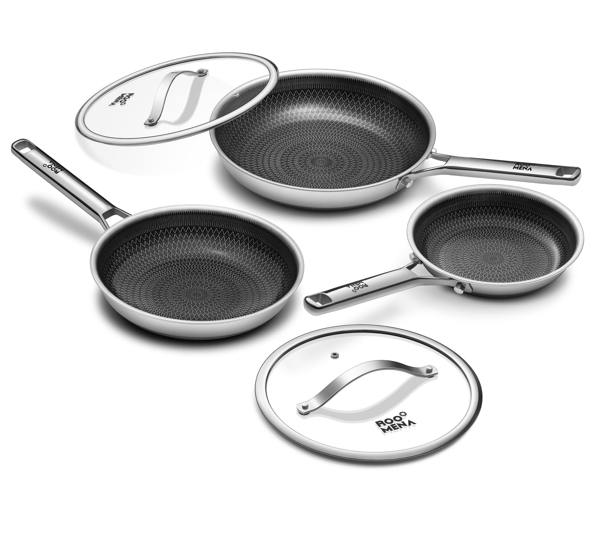 Photo 1 of Roomena Nonstick Frying Pan Set with 2 Lid, Non-Toxic Tri-Ply Hybrid Ceramic Skillet 3 Piece, 8, 10 & 12 Inch Stainless Steel Pans, PFAS/PFOA/PTFE Free, Dishwasher & Oven Safe, Induction Compatible