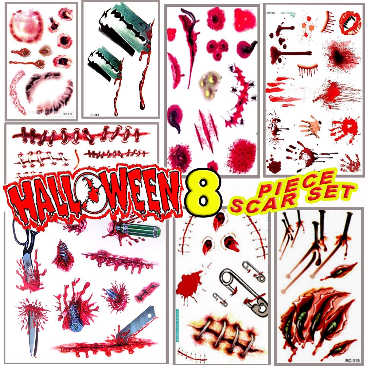 Horror Realistic Scar Tattoo Temporary Waterproof Sticker 8PCS Fake Bloody Wound Scar Scab Stitch Halloween Cos Play Prank Makeup Props