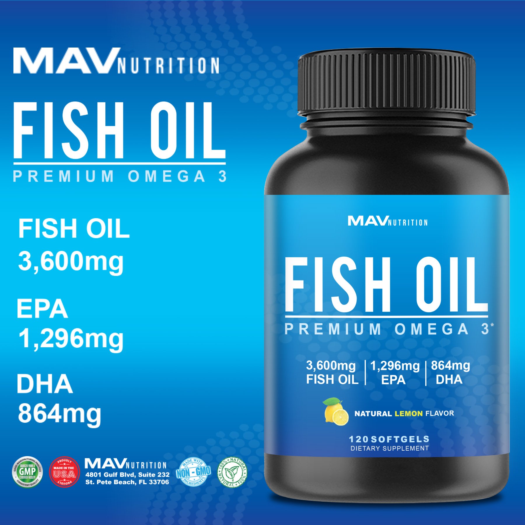 Premium Fish Oil Omega 3 Max Potency Weight Loss 3,600mg + 1