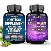 StrongVit Cortisol &amp; Multi Collagen Complex Bundle - 120 Capsules | 16 Ingredient Blend with Ashwagandha, L-Theanine, Biotin, Hyaluronic Acid, CoQ10, Gluten-Free, Non-GMO, GMP-Certified