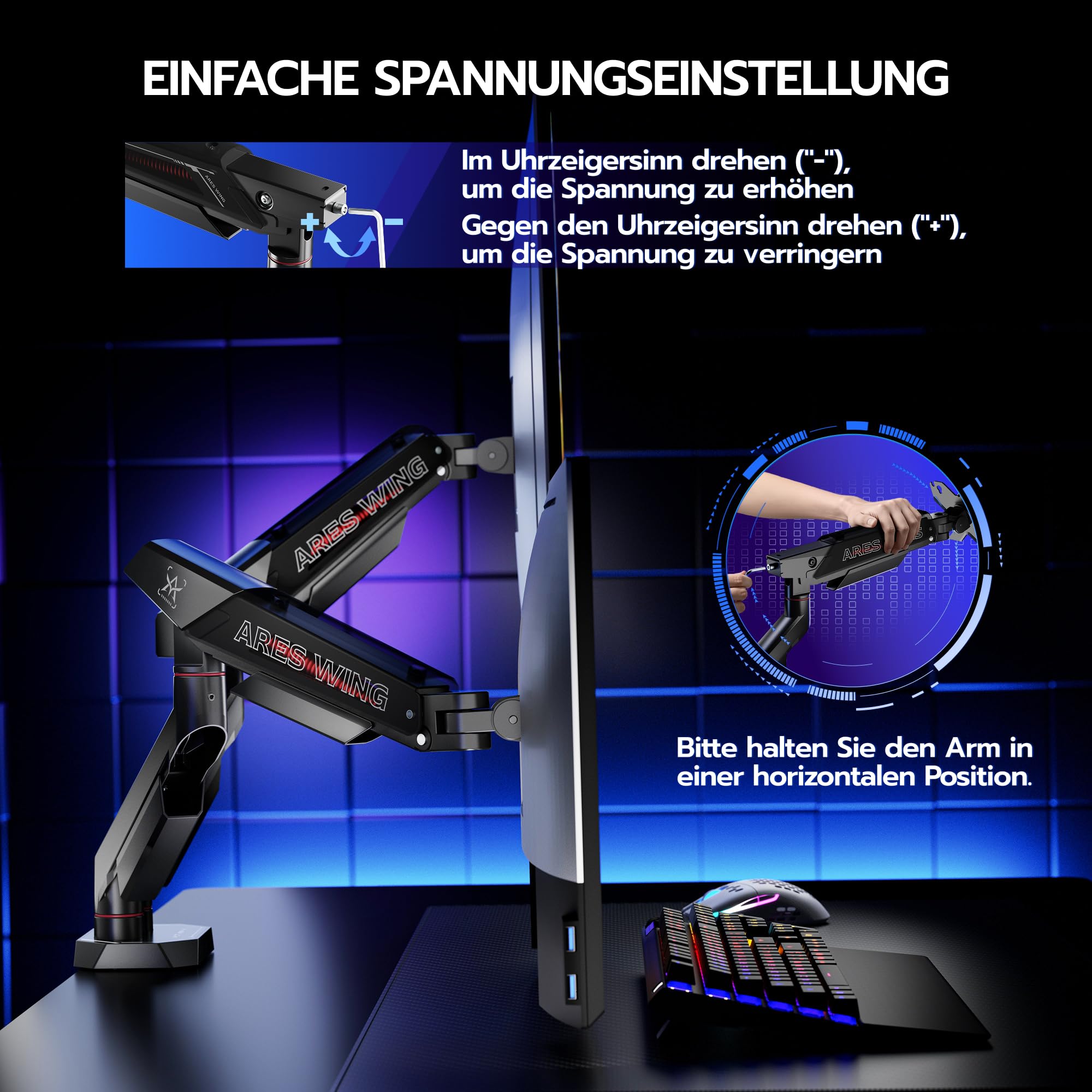 ARES WING Monitor Halterung 2 Monitore für 17–35" Bildschirme,Dual Monitorarm mit 2–12 kg Tragkraft,Bildschirmhalterung Höhenverstellbar, 75/100mm Vesa-Halterung,Schwarz 8
