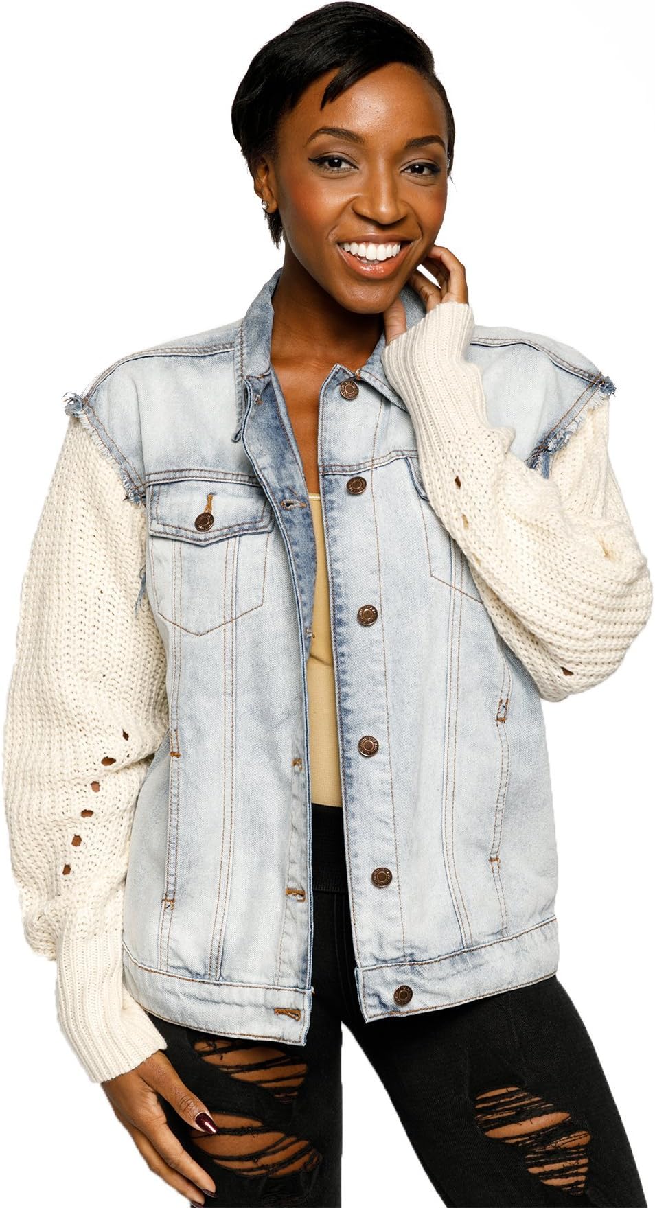 Hadari Women's Casual Mixed Media Light Wash Denim Jacket
