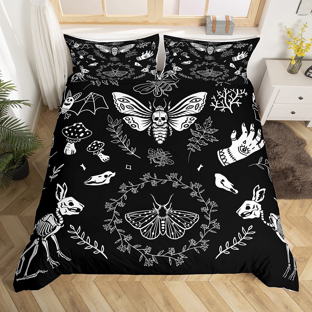 Loussiesd Moth Skull Bedding Set for Kids Boys Girls Boho Personalized Animal Skeleton Comforter Cover Set Halloween Gothic Bones Duvet Cover Mushrooom Rabbit Bedding & Linen King 3Pcs — image 1