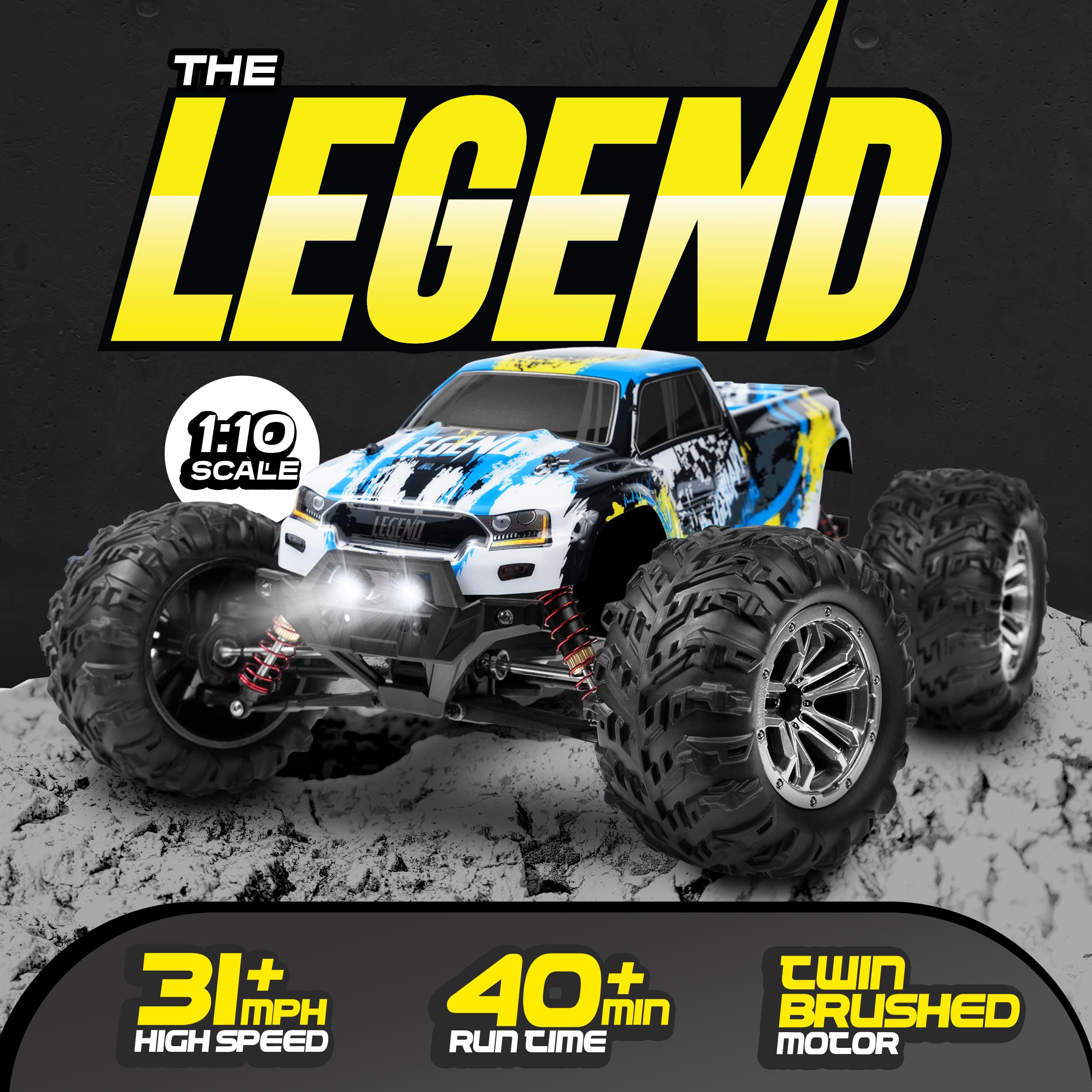 LAEGENDARY 1:10 Scale 4x4 Off-Road RC Truck - Hobby Grade Brushed Motor RC Car with 2 Batteries, Waterproof Fast Remote Control Car for Adults