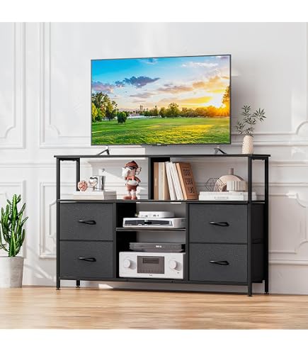 TV Stand for Bedroom, Television Stand for TV up to 46 Inch Entertainment Center Dresser with 4 Drawers Open Storage Shelves for Living Room, Entryway TV Stand for Bedroom, Television Stand for TV up to 46 Inch Entertainment Center Dresser with 4 Drawers Open Storage Shelves for Living Room, Entryway