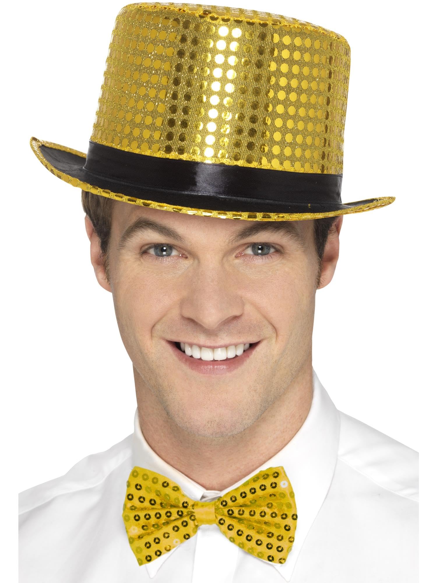 Smiffys Sequin Top Hat, Gold with Elastic Inner Rim, Party & Carnival Fancy Dress, Adult Dress Up Hats