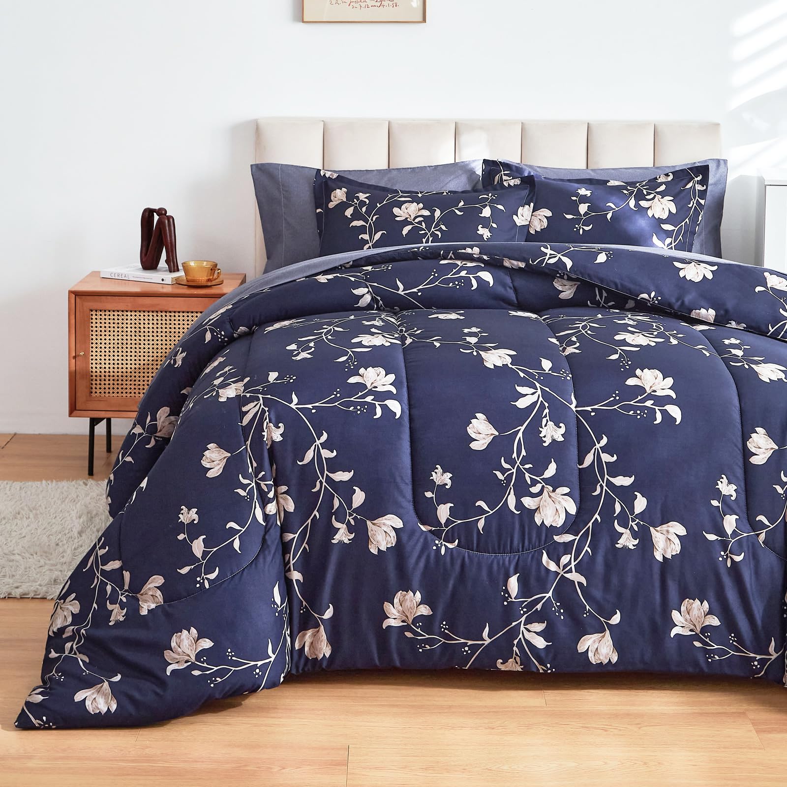 Photo 1 of AIKASY Bed in a Bag Queen Comforter Set?7 Pieces Floral Comforter Set Bedding Sets with (1 Comforter, 2 Pillow Shams, 1 Flat Sheet, 1 Fitted Sheet, 2 Pillowcases) (Navy, Queen)