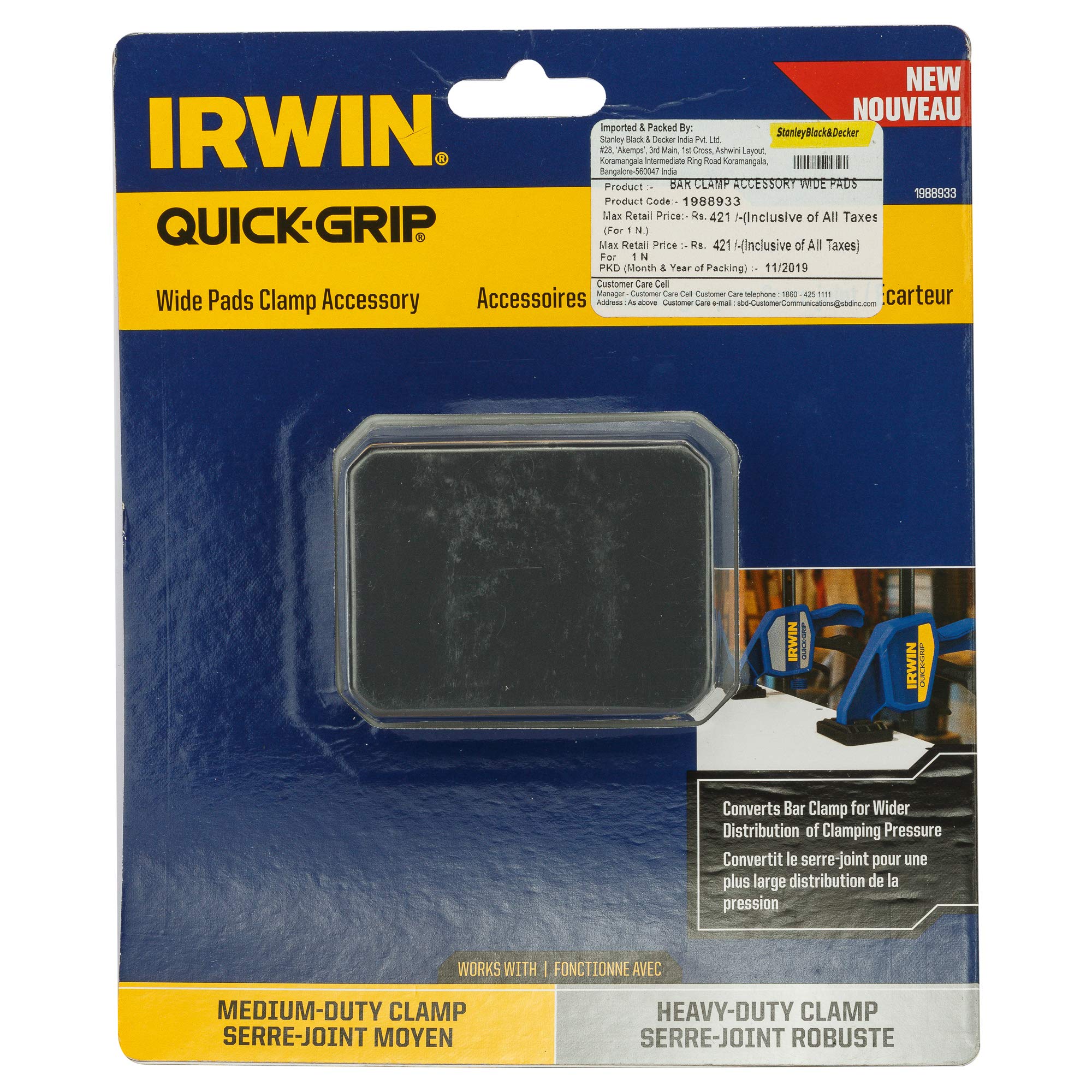 IRWIN 1988933 Quick-Grip Wide Pads for One-Handed Bar Clamps - Black/Blue