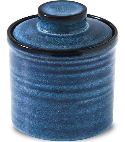 Beurrier Français Bleu Avec Couvercle Et Ligne D'Eau - Beurrier En Porcelaine Pour Comptoir, Garde Le Beurre Frais Et Doux Sans Réfrigération
