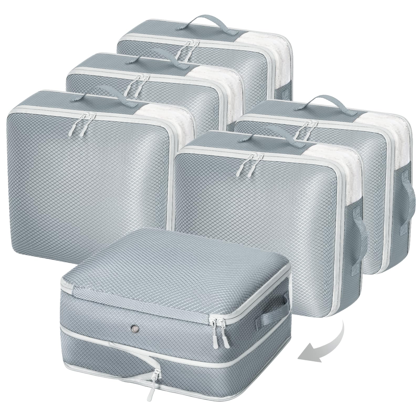 DIMJ 6 Pack Compression Storage Bags - Ultra Space Saving Self Compression Organizer with Zipper, Duvets Storage Organiser for Blanket, Clothing, Bedding, Large Capacity Space Saver Bags (Grey)