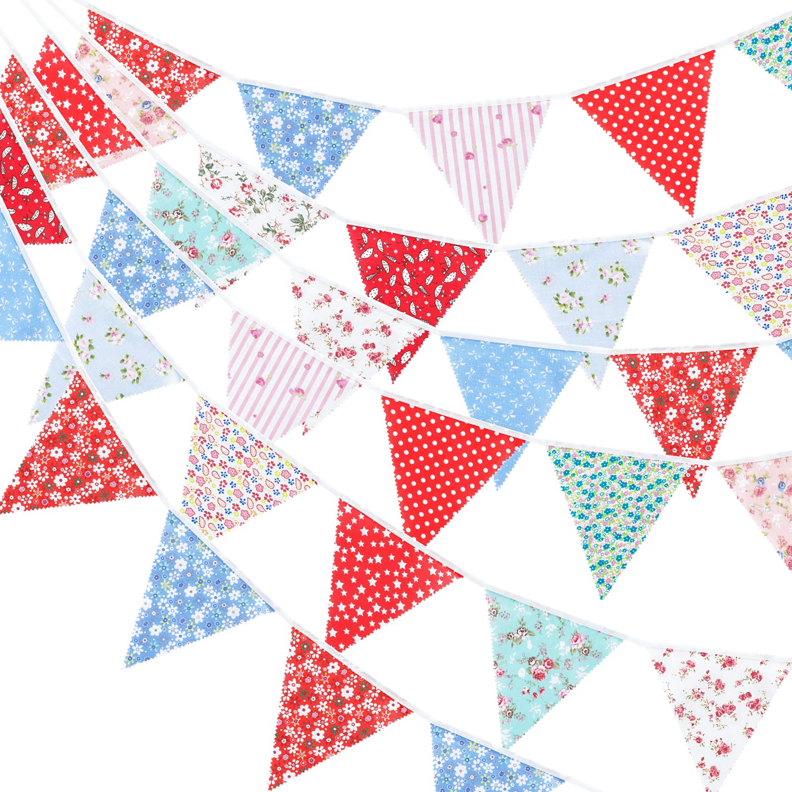 G2PLUS 12M Red and Blue Floral Bunting, 42PCS Fabric Bunting Garland, 19x21CM Large Reusable Cotton Triangle Banner for Garden Tea Wedding Baby Shower Birthday Parties — image 1