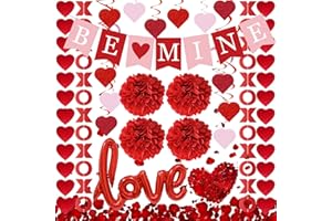 DMIGHT Red Valentine's Day Decoration Set, BE MINE Banner, Love Heart XO Garlands, Rose Petals, Hanging Swirls, Foil Love Balloons For Party Home Classroom Wedding Bedroom Office