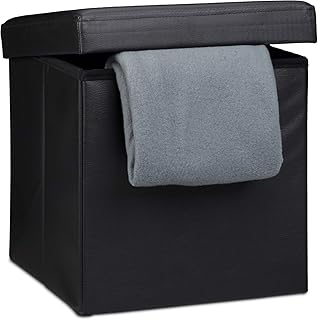 Relaxdays Faltbarer Sitzhocker, Sitzcube mit Stauraum u. Deckel, Fußablage, Sitzwürfel aus Kunstleder, 38x38 cm, schwarz
