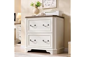 T4TREAM 2 Drawer File Cabinet-30 Wide Wooden Extended Desktop, Farmhouse Filing Cabinet with Smooth Rails, Holds Letter/Legal/A4, Hexagonal Design & Framed Drawer Fronts, Antique White