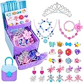 Pinksheep Girls Jewelry Set with Box, Toddler Ring Necklace Princess Crown for 3-10-Dress up Kids Toy Jewelry 30Pcs for Girls