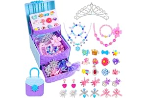 Pinksheep Girls Jewelry Set with Box, Toddler Ring Necklace Princess Crown for 3-10-Dress up Kids Toy Jewelry 30Pcs for Girls