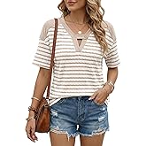 Dokotoo Women's Tops Summer Casual Short Sleeve Shirts V Neck Striped Color Block T-Shirts Blouses