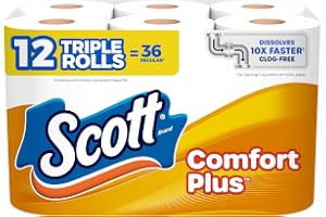 Scott ComfortPlus Toilet Paper, 12 Triple Rolls, 231 Sheets per Roll, Septic-Safe, 1-Ply Toilet Tissue