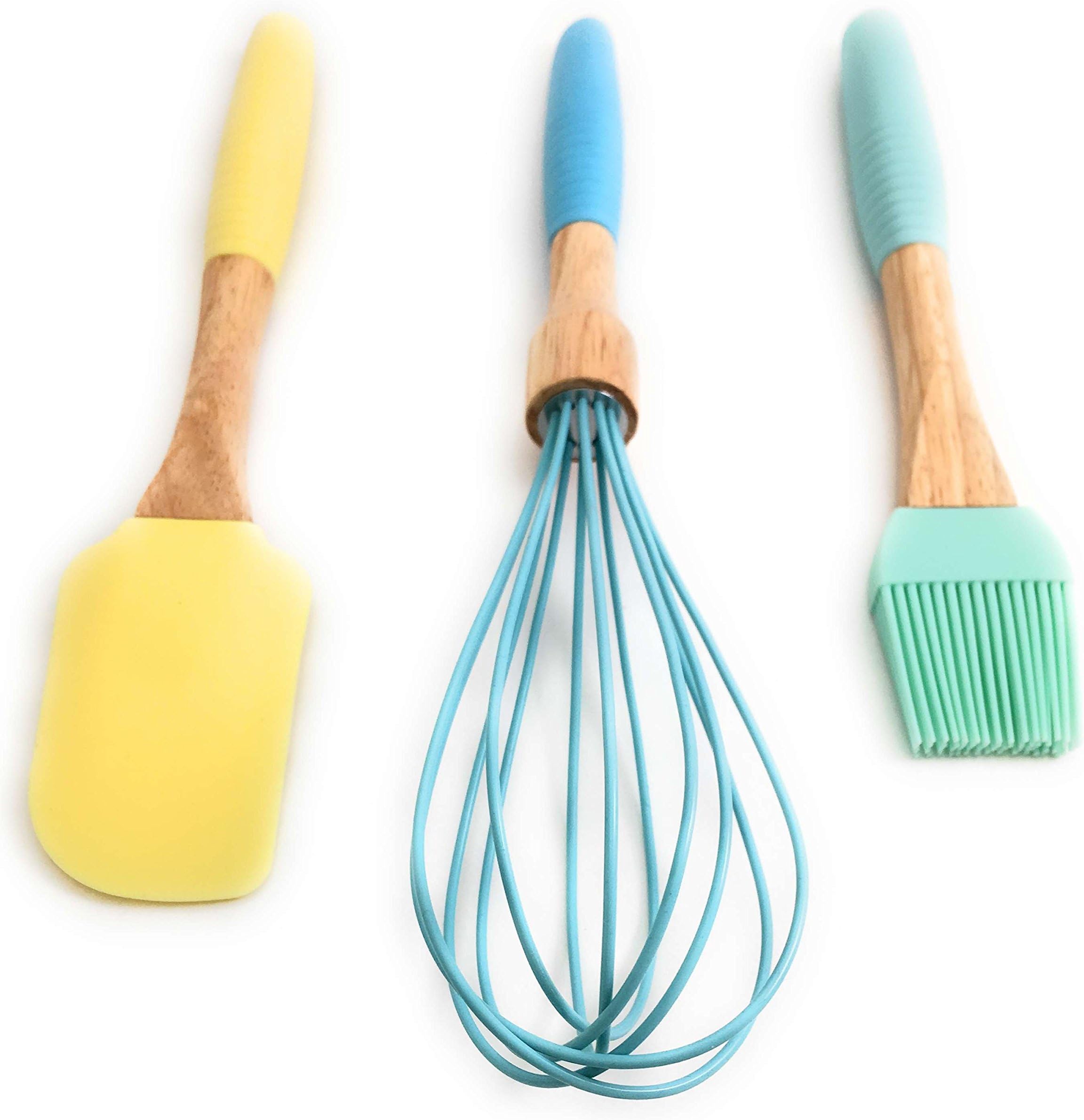 3 Piece silicone and wood baking set in pastel shades, egg whisk, pastry scraper and brush Colourful