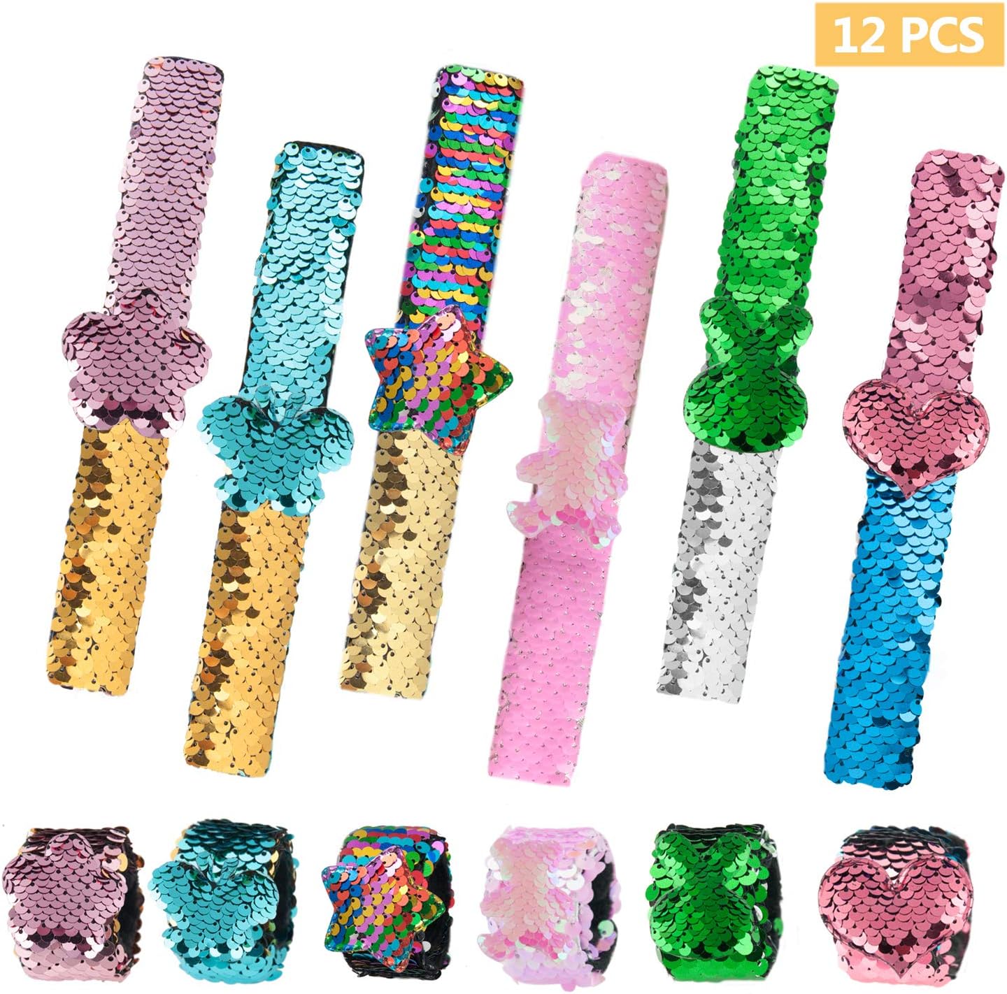 Kyrieval 12 Pcs Mermaid Sequin Slap Bracelets 2-Color Reversible Glitter Slap Band Wristbands for Kids, Girls, Boys, Birthday Party Favors (mermaid)