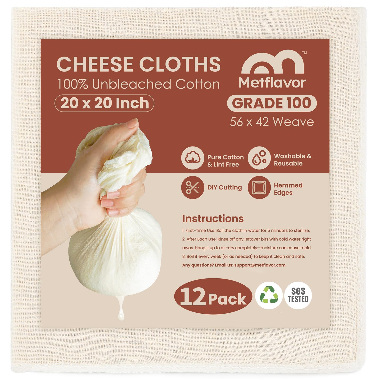 Photo 1 of 12Pcs Reusable Cheesecloth for Straining 20x20 Inch,100 Grade Cheese Cloths Hemmed Edges, 100% Unbleached Cotton Cheese Cloth,Ultra-Dense Cloth Strainer for Yogurt/Nut Milk/Baking Making 56x42 Weave