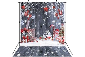 LIVUCEE 5X7FT Christmas Wood Wall Photography Banner Backdrop Winter Holiday Snowflake Xmas Tree Wood Floor Background Party Supplies Decor Photoshoot Studio Booth Props