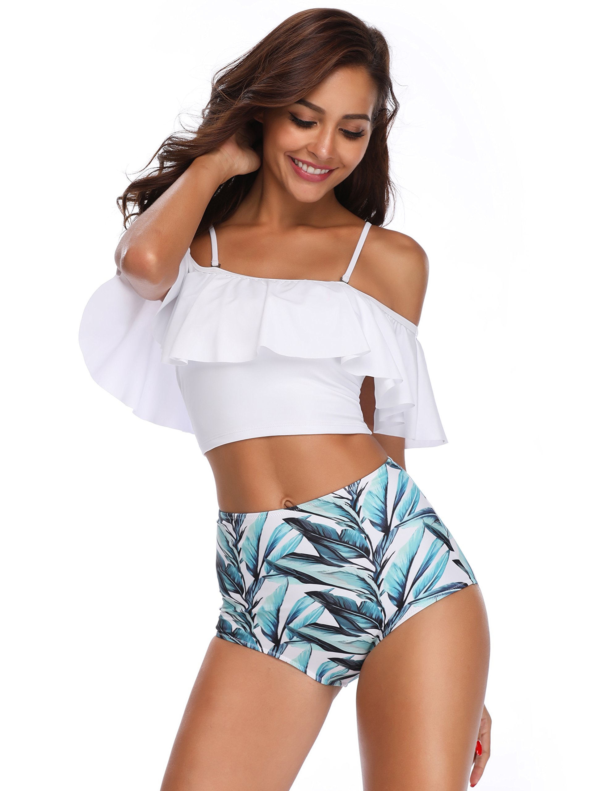 MarinaVida Women Off Shoulder Ruffle Swimsuit Crop Top Two Piece Bathing Suit