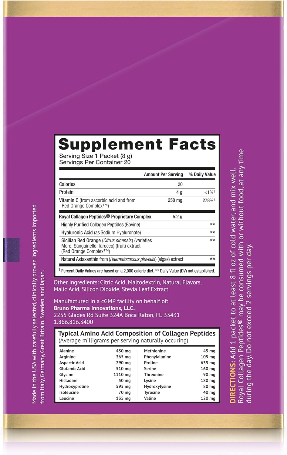 Bruno MD Royal Collagen Peptides - Beauty from Within, Clinically Proven, Dietary Supplement, Improves Skin & The Look of Hair, Nails & Cellulite,Blended with Vitamin C (Dragon Fruit): Health & Personal Care