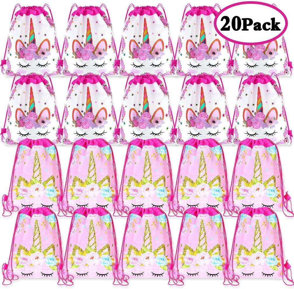 WooZuu 20 Pack Unicorn Drawstring Party Bag Birthday Party Favor Bag Kids Cartoon Decoration Storage Bags Gift Candy Package Bags(Pink & White)