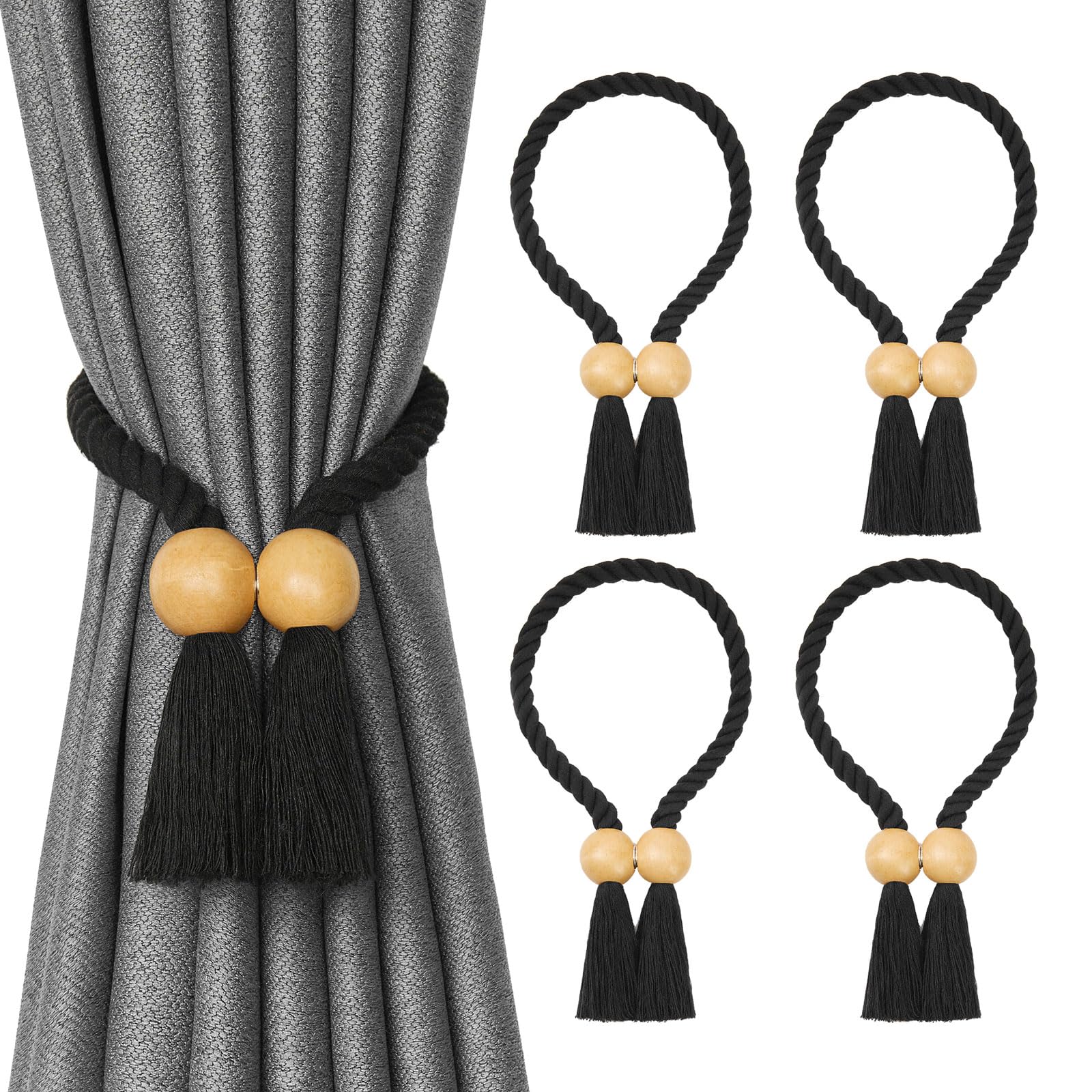 Pretty Jolly 4 Pack Wooden Ball Magnetic Curtain Tiebacks Boho Home Decor Drape Tie Backs Natural Cotton Hand Woven Rope Curtain Holdbacks for Thin & Thick Home & Office Window Draperies (A-Black)