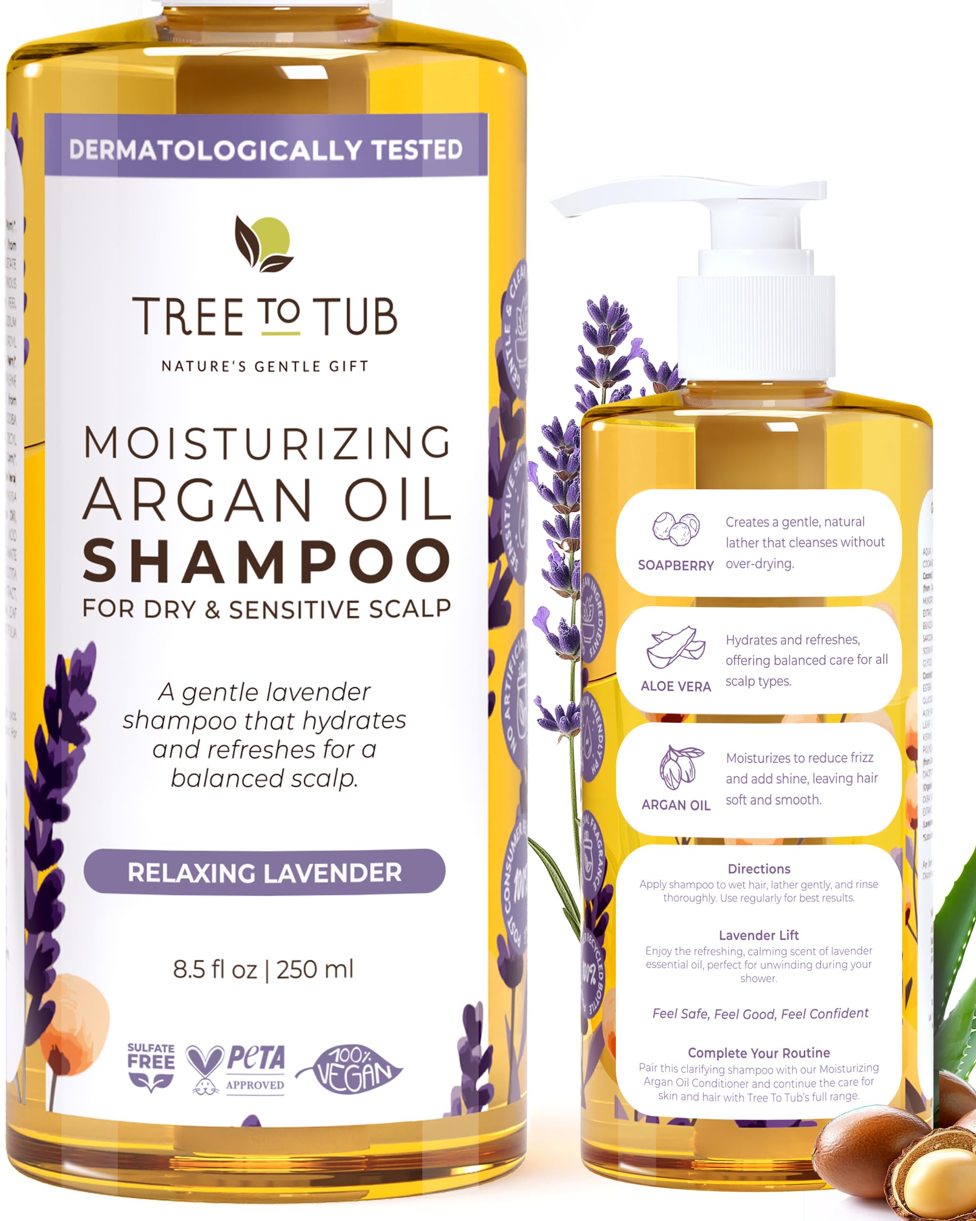 Tree To Tub Lavender Dry Hair Shampoo for Sensitive Scalp - Gentle Hydrating Dry Scalp Shampoo for Women & Men, Moisturizing Sulfate Free Shampoo w/Organic Argan Oil, Chamomile, All Natural Aloe Vera