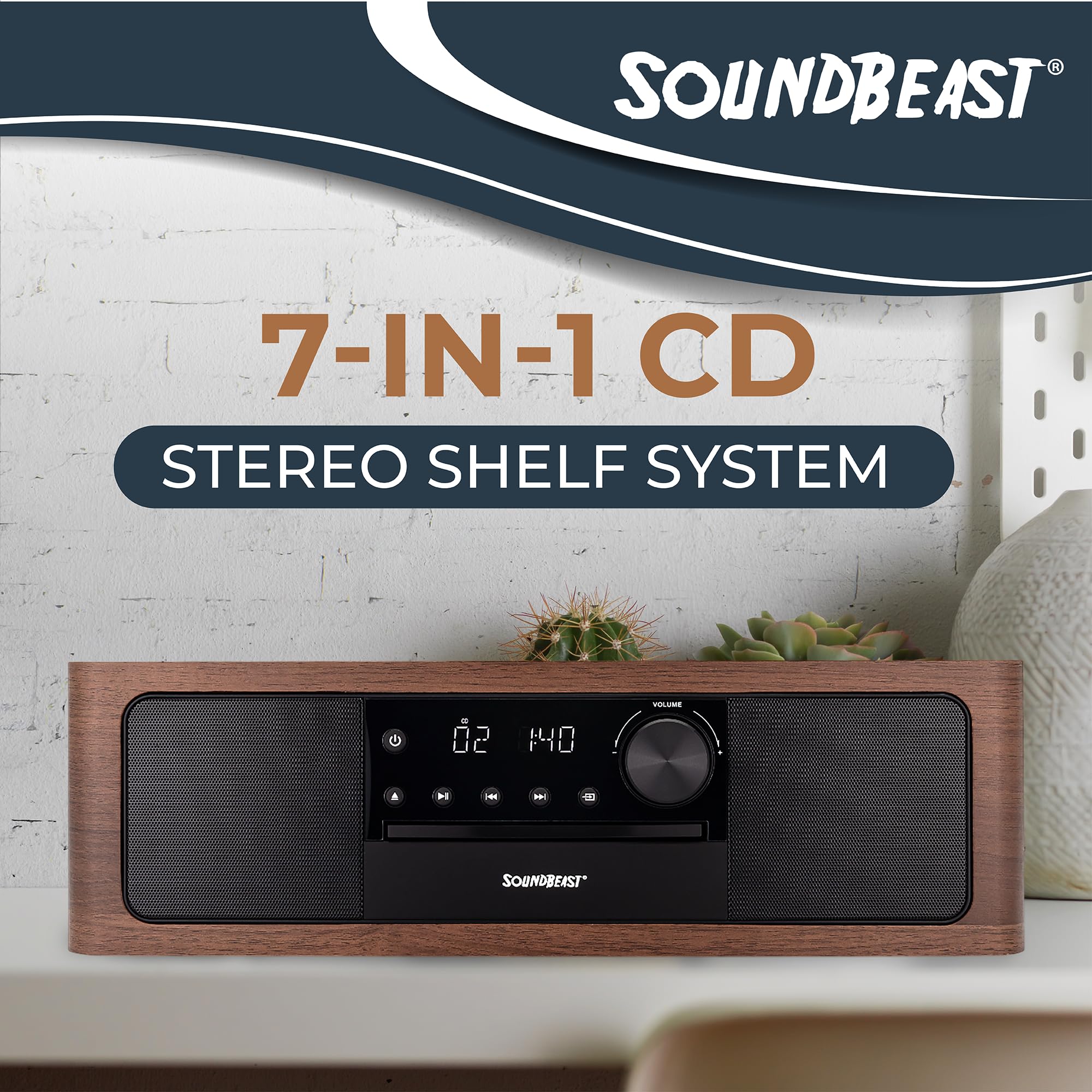 SoundBeast Stereo Shelf System with CD Player, Bluetooth, FM Radio, USB Playback, Aux in, Optical in, Alarm Clock, & Remote Control