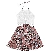 LYANER Women's 2 Piece Outfits Summer Lace Halter Cami Crop Top with Floral Mini Skirt Set