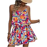 Floerns Women's Summer Boho Sleeveless Spaghetti Strap Ruffle Jumpsuit V Neck Cami Short Rompers