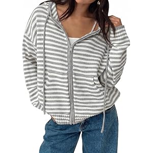 Fisoew Womens Striped Zip Up Hoodie Long Sleeve Cardigan Sweatshirts Oversized Crop Sweaters Jackets Y2K Fall Outfits