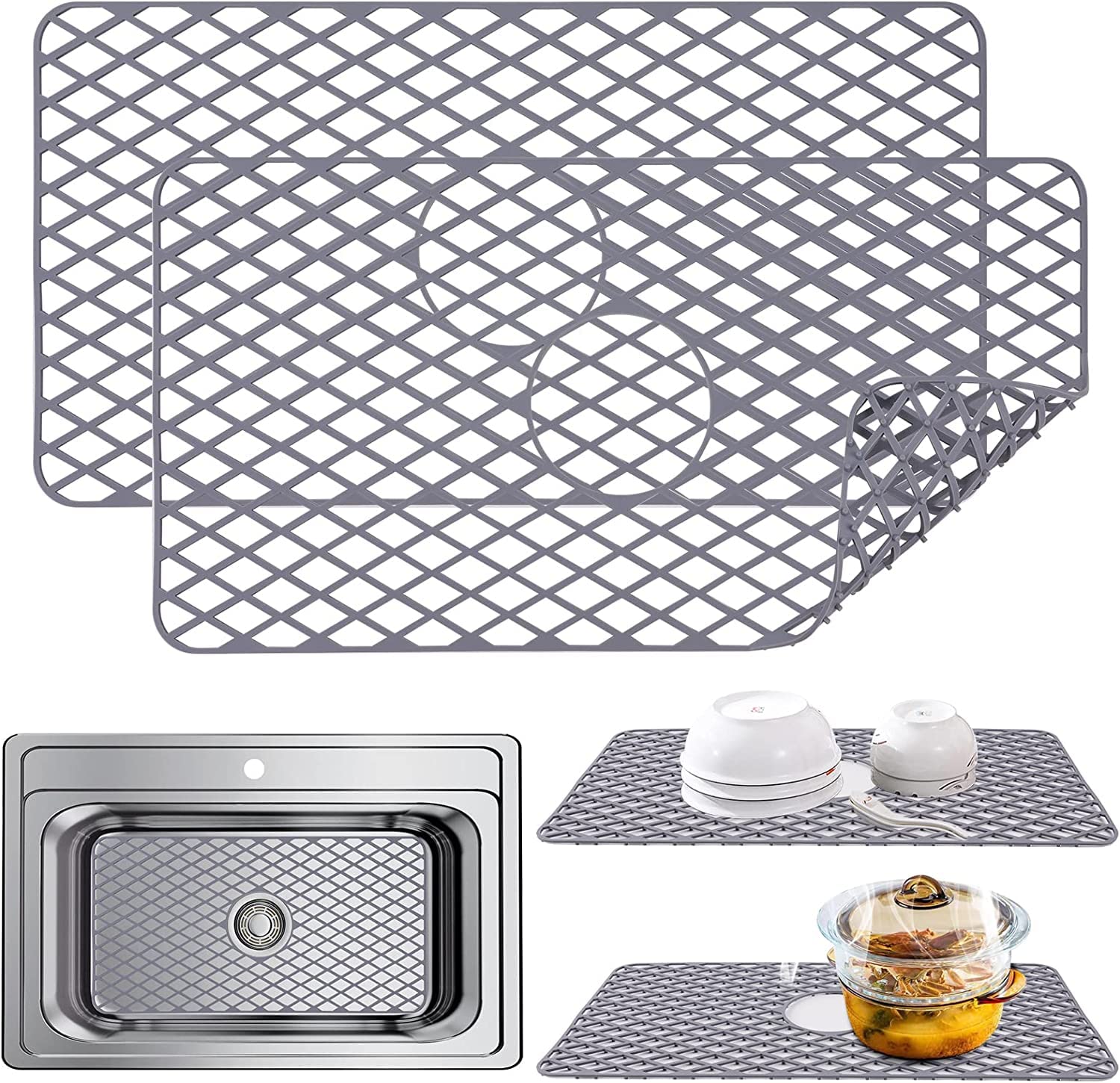 AUAUY Silicone Kitchen Sink Mat, 2 PCS Folding Heat Resistant Non-Slip Sink Protectors Kitchen Sink Mats Grid Accessory for Stainless Steel Sink, Bathroom Sink, Porcelain Bowl (Grey, 24.6"x13")
