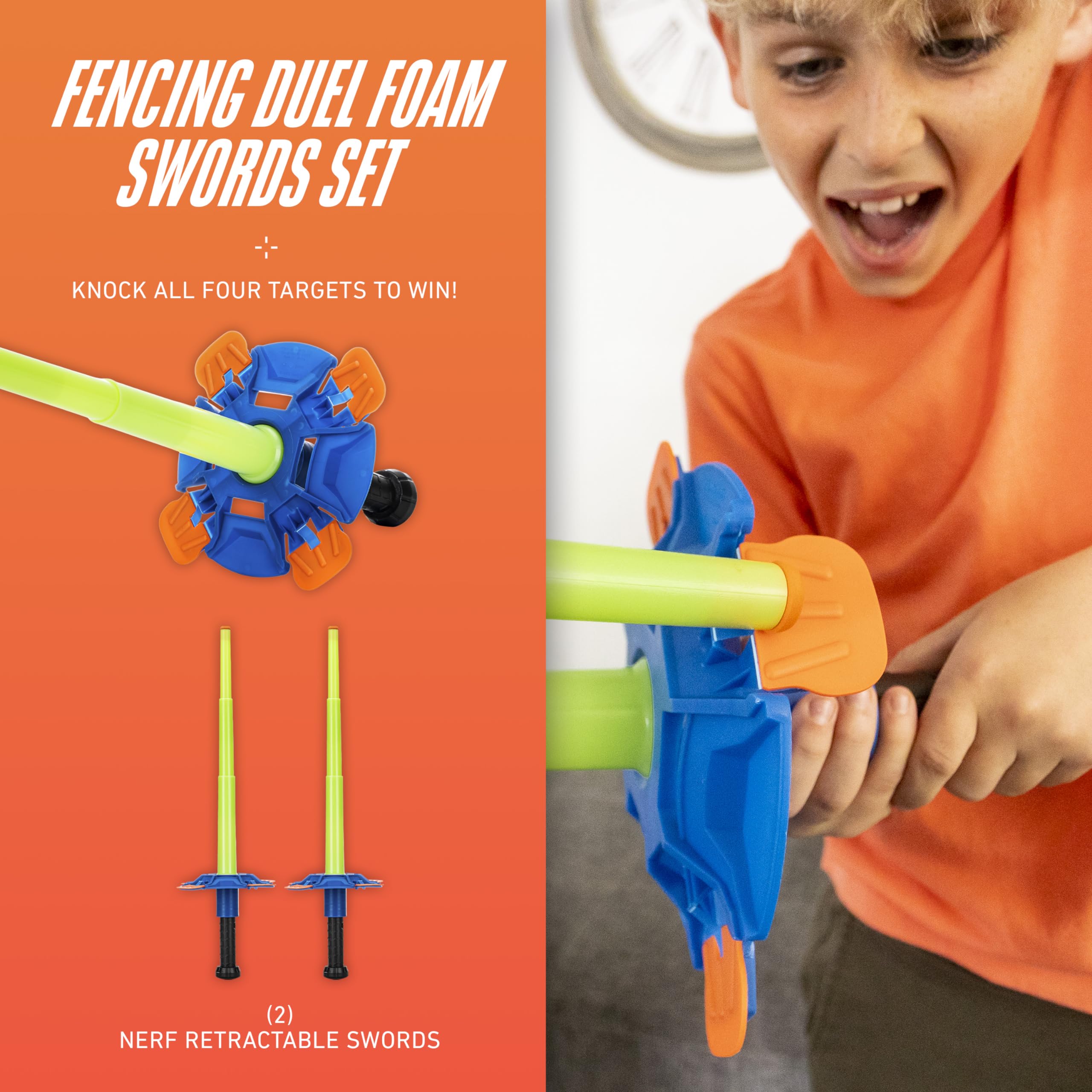 Nerf Duel Swords Set - Retractable Swords with Glow in the Dark Feature - Integrated Knockdown Targets - Kids Fencing Game, Green, Blue, Orange