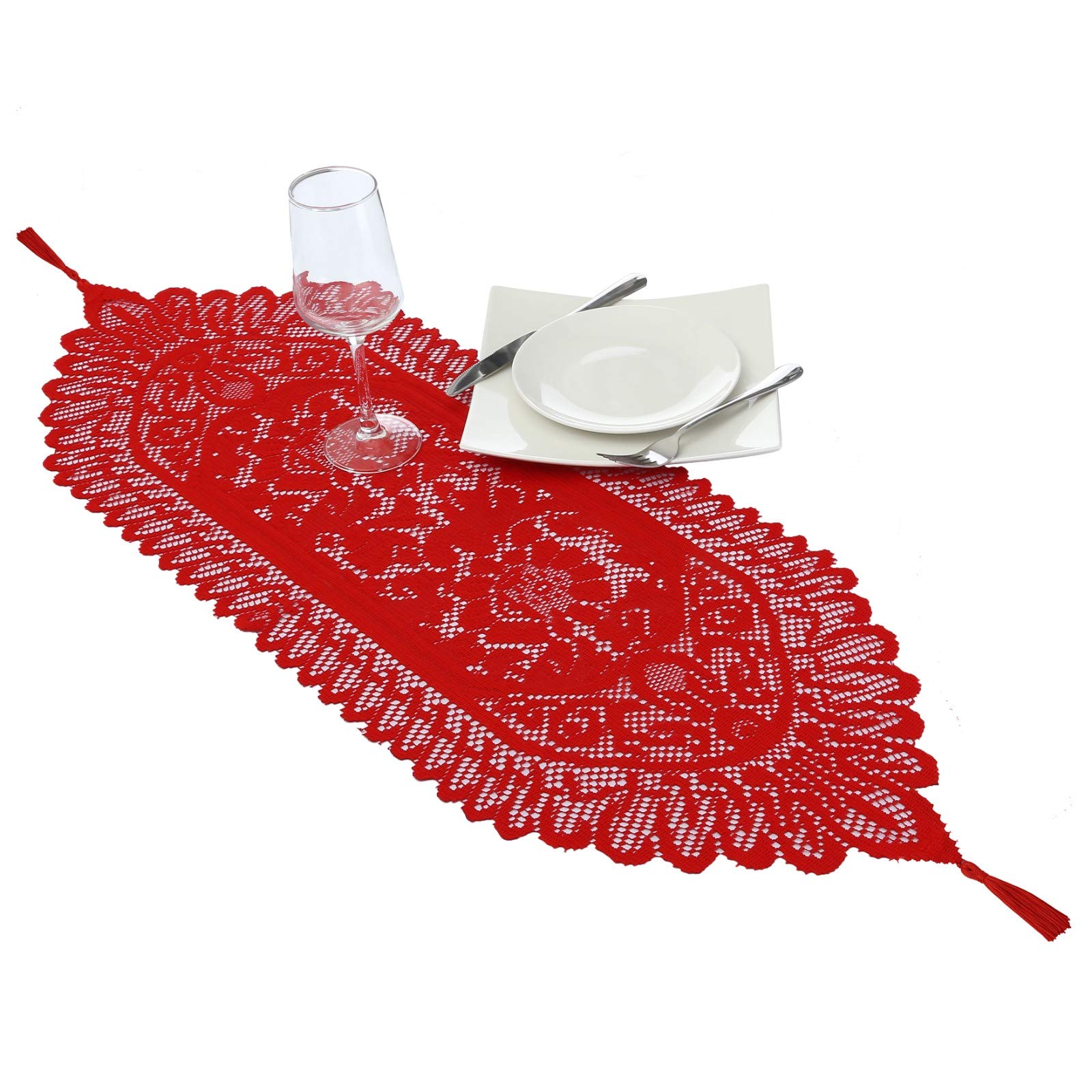 mookaitedecor 13x35 Inch Red Lace Table Runner for Wedding Festival Party Christmas Table Centrepiece Home Desk Decor, Vintage Elegant Floral Small Coffee Dressing Table Runner with Tassels