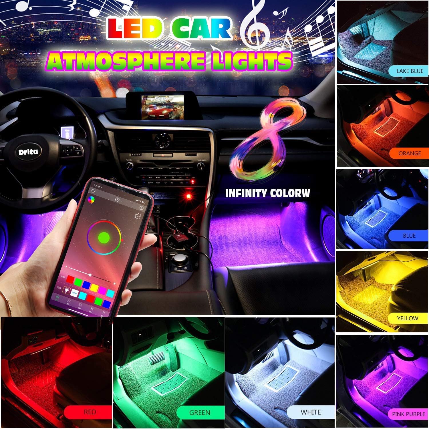 Drita LED-APP-01 LED Strip, Newest Style APP Controller Interior, Infinite DIY Colors with Sound Active Function Lighting Kits for iPhone Android Smart Phone, Car Charger Included, DC 12V